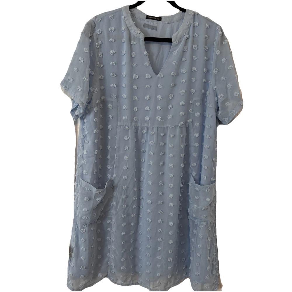 MIHOLL Women Light Blue Popcorn Swiss Dot Shift Dress Pockets XL Short Sleeve